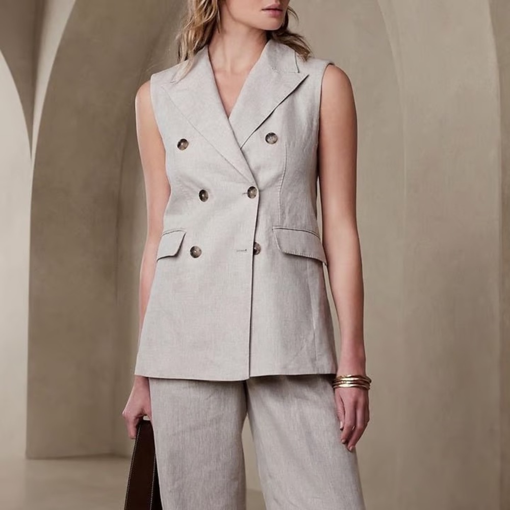 Banana Republic Palma Linen Long Button Front Blazer Vest Neutral Beige Size 14